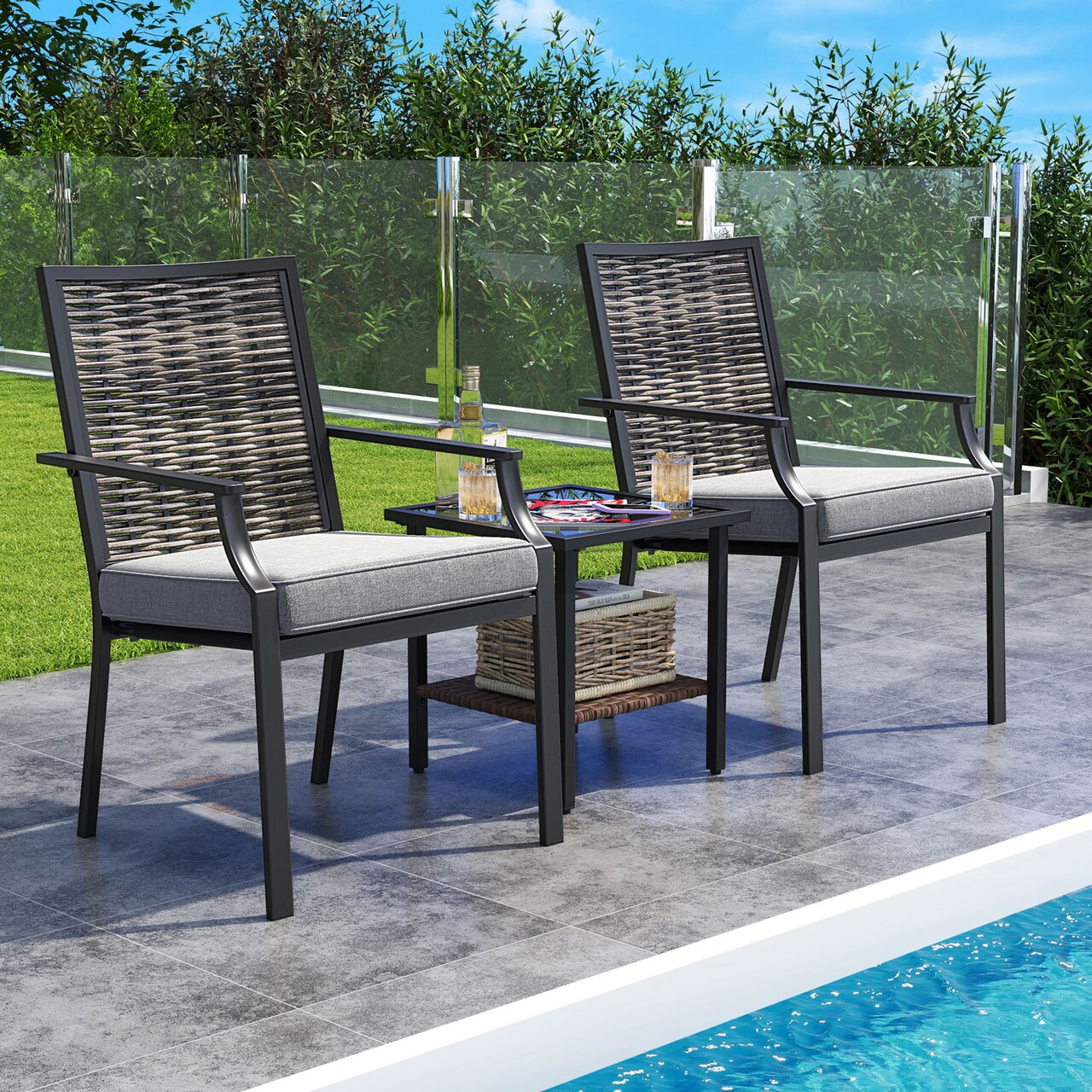 Set of 2 PE Rattan Patio Chairs with Cushions Stackable Wicker Armchairs for Outdoor Use